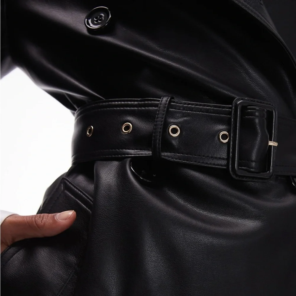 Mango Faux Leather Mid-Length Black Women's Trench Coat - Picture 4 of 7